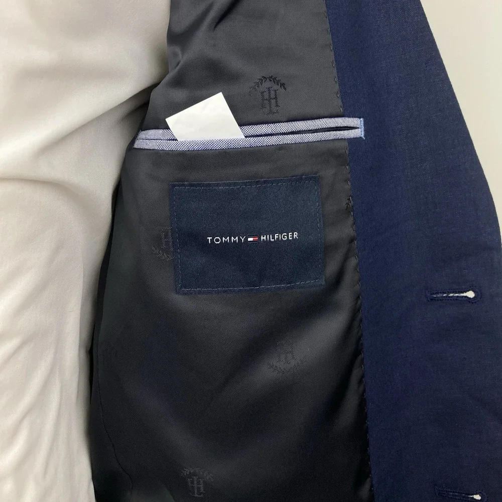Tommy Hilfiger Mens Modern-Fit Suit Jacket 42L Linen Navy Blue